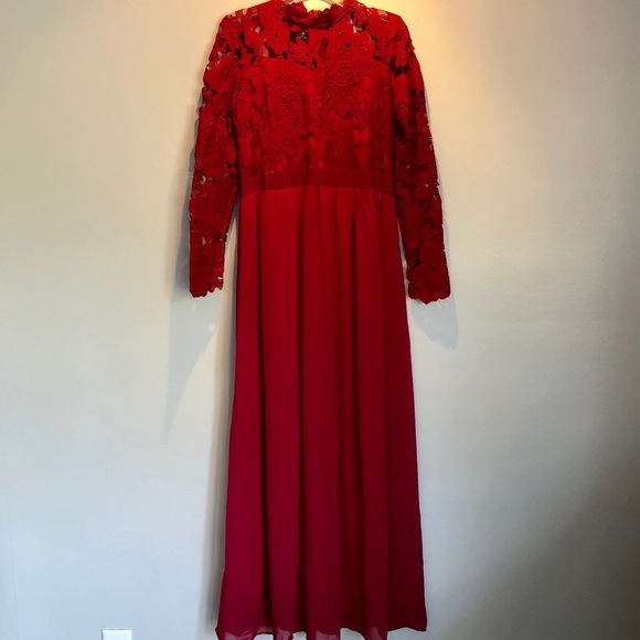 High Neck Crochet Detailed Maxi Chiffon Dress - Picture 3 of 8